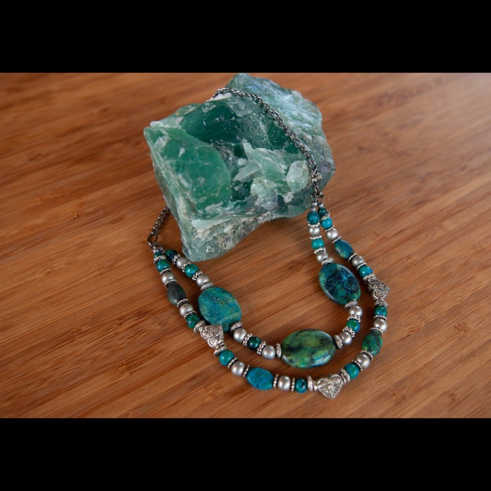 NEW HANDMADE - Double Strand Turquoise and Silver Tone Metal Beads - Picture 3 of 9